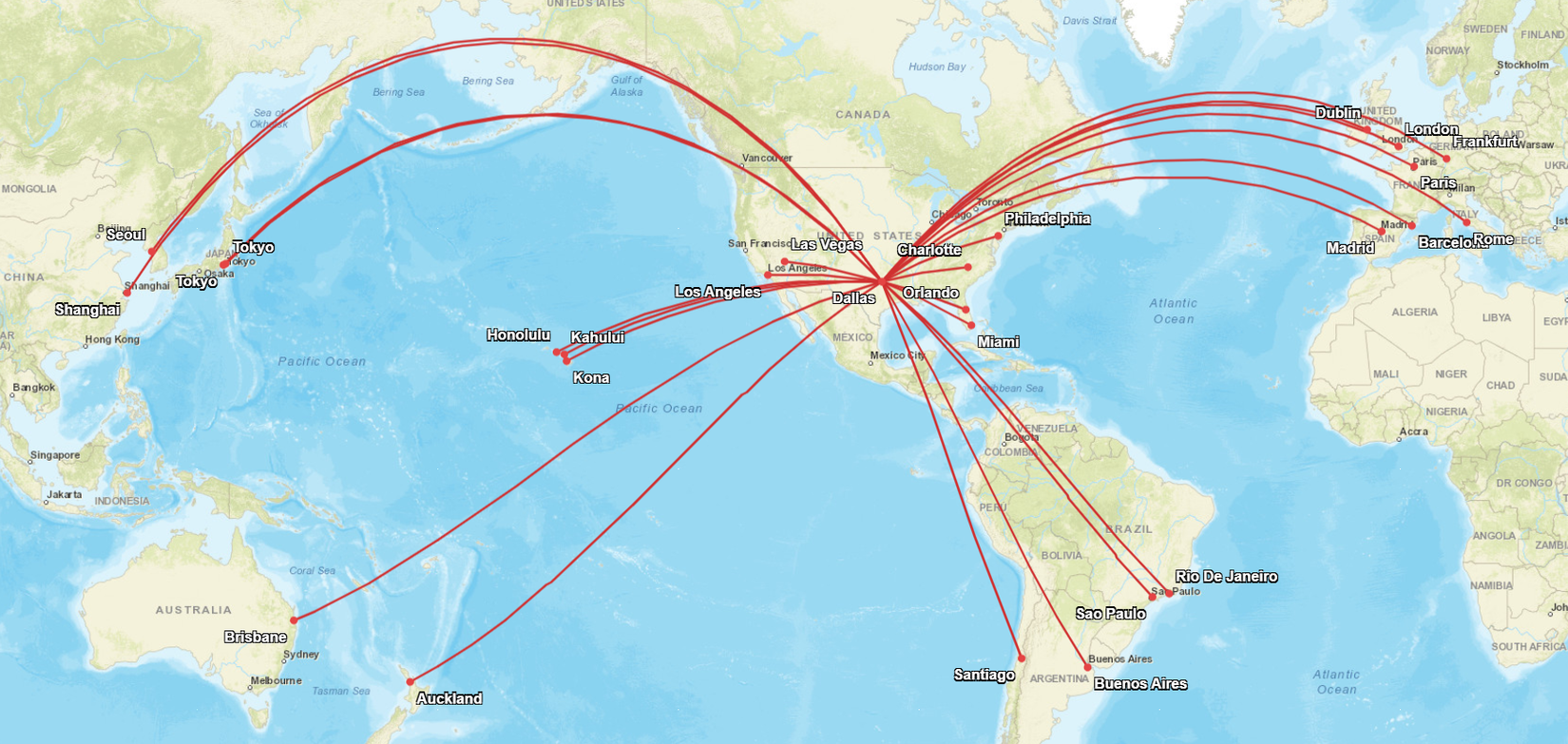 American Airlines DFW Widebody Route Map