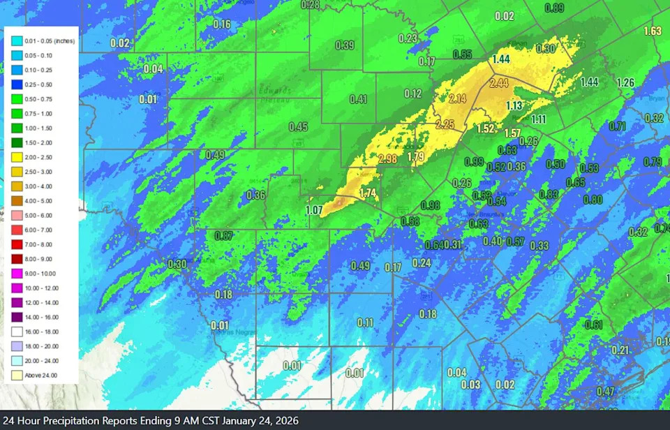 The rain ahead of last weekend’s wintry weather brought a good dose of rainfall to Central Texas. (National Weather Service)