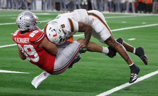 Miami defensive back Jakobe Thomas, right, makes a tackle on Ohio State tight end Will Kacmarek during the second half of the Cotton Bowl College Football Playoff quarterfinal game Wednesday, Dec. 31, 2025, in Arlington, Texas. (AP Photo/Gareth Patterson)