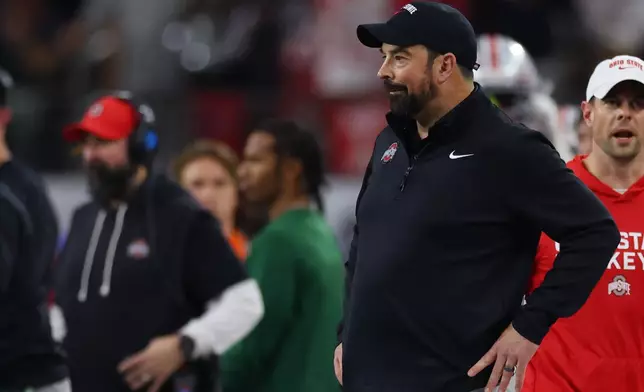 Ohio State head coach Ryan Day looks o during the first half of the Cotton Bowl College Football Playoff quarterfinal game against Miami Wednesday, Dec. 31, 2025, in Arlington, Texas. (AP Photo/Gareth Patterson)