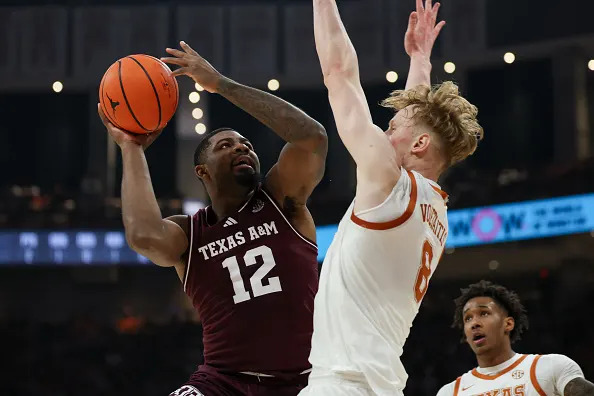 AUSTIN, TX – JANUARY 17: Forward Rashaun Agee #12 of the Texas A&M Aggies goes up for a shot while being defended by center Matas Vokietaitis #8 of the Texas Longhorns during the SEC college basketball game between Texas Longhorns and Texas A&M Aggies on January 17, 2026, at Moody Center in Austin, TX. (Photo by David Buono/Icon Sportswire via Getty Images)