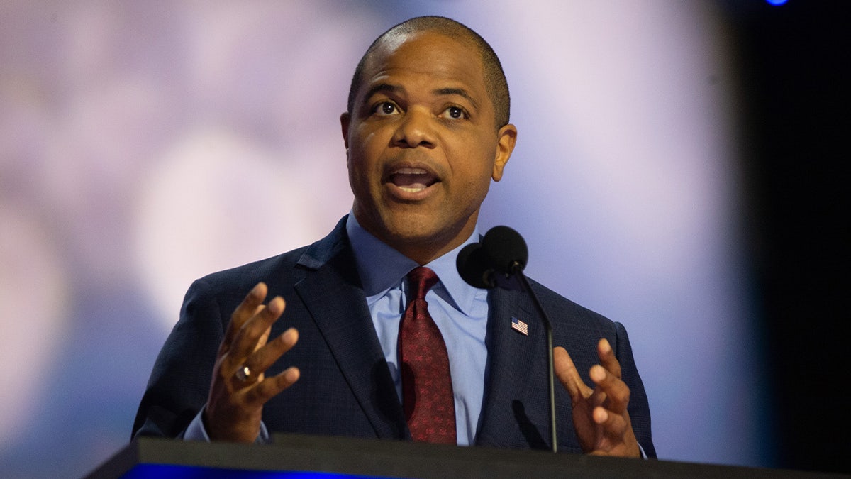 Dallas Mayor Eric Johnson speaks at the Fiserv Forum in Milwaukee, Wisconsin