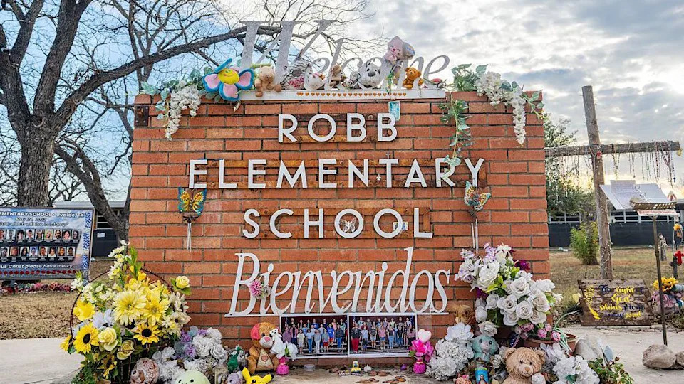 A memorial dedicated to the 19 children and two adults murdered on May 24,2022 during a mass shooting at Robb Elementary School is seen on January 05, 2026 in Uvalde, Texas.