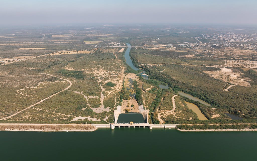 An aerial view of El Cuchillo Reservoir south of Monterrey, Nuevo Leon, MX on October 28, 2025.