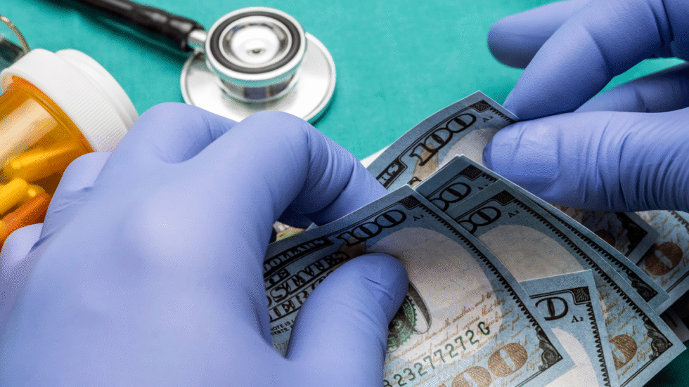 A picture of a stethoscope with gloved hands counting money.