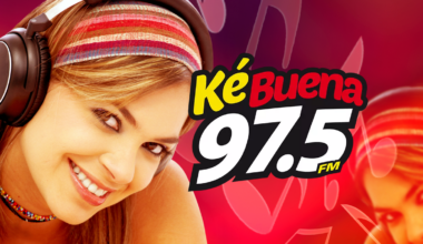 A picture illustration of a woman listening to music with the Ke Buena 97.5 logo next to her.