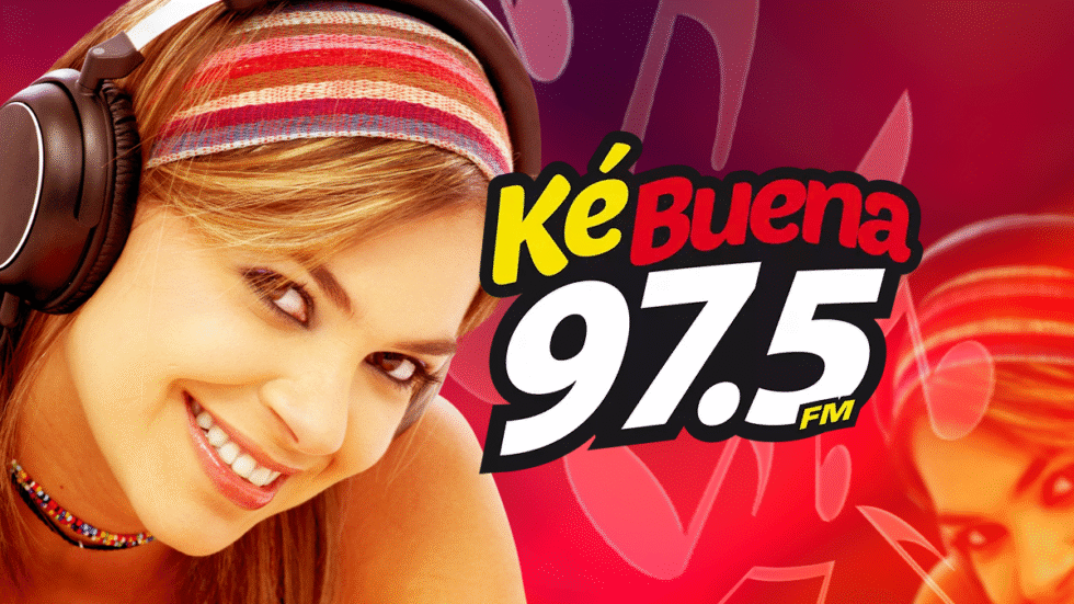 A picture illustration of a woman listening to music with the Ke Buena 97.5 logo next to her.