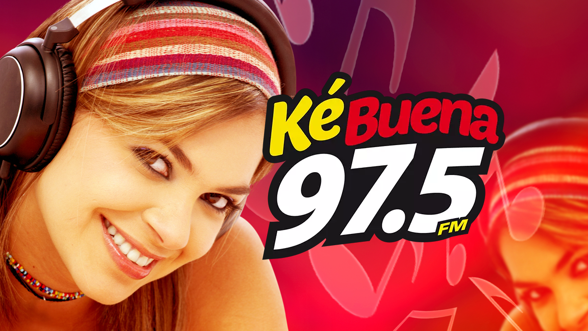A picture illustration of a woman listening to music with the Ke Buena 97.5 logo next to her.