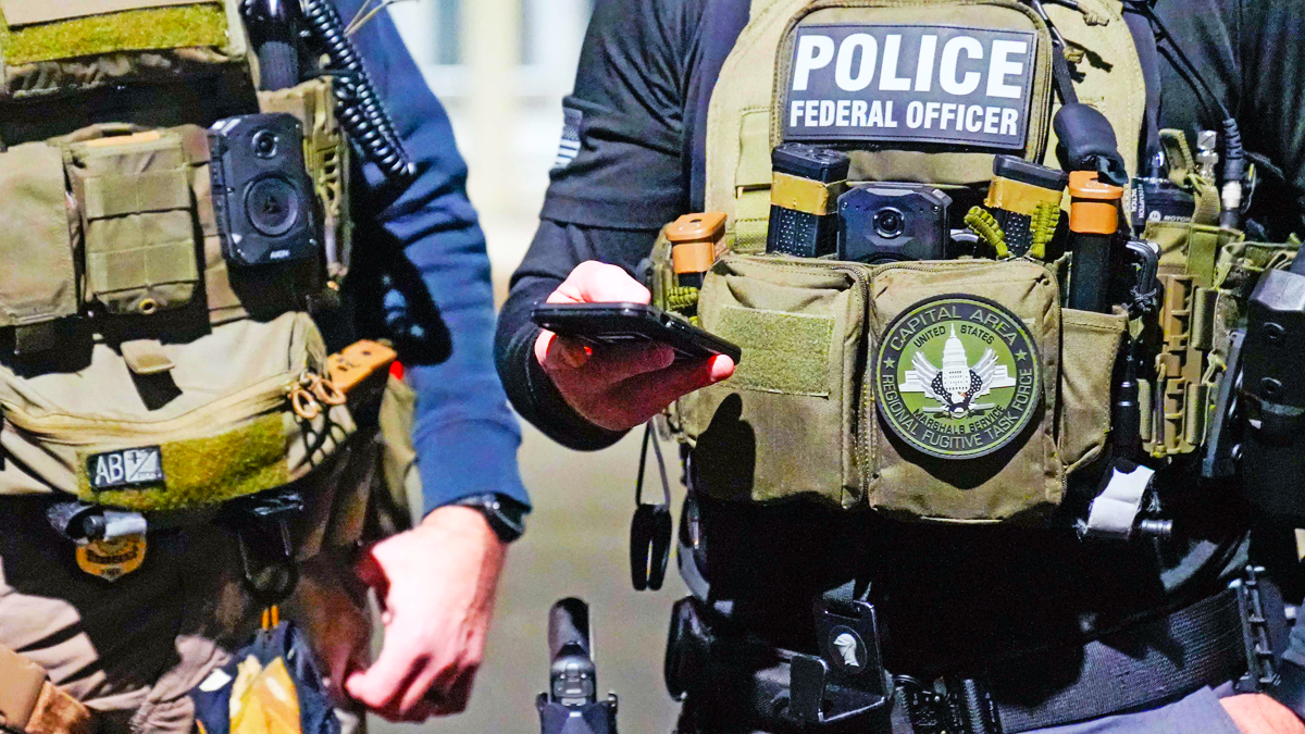 Picture of tactical uniforms of two ICE agents.