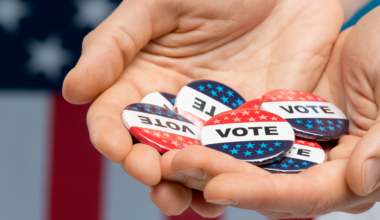 A picture of a hand holding "vote" buttons.
