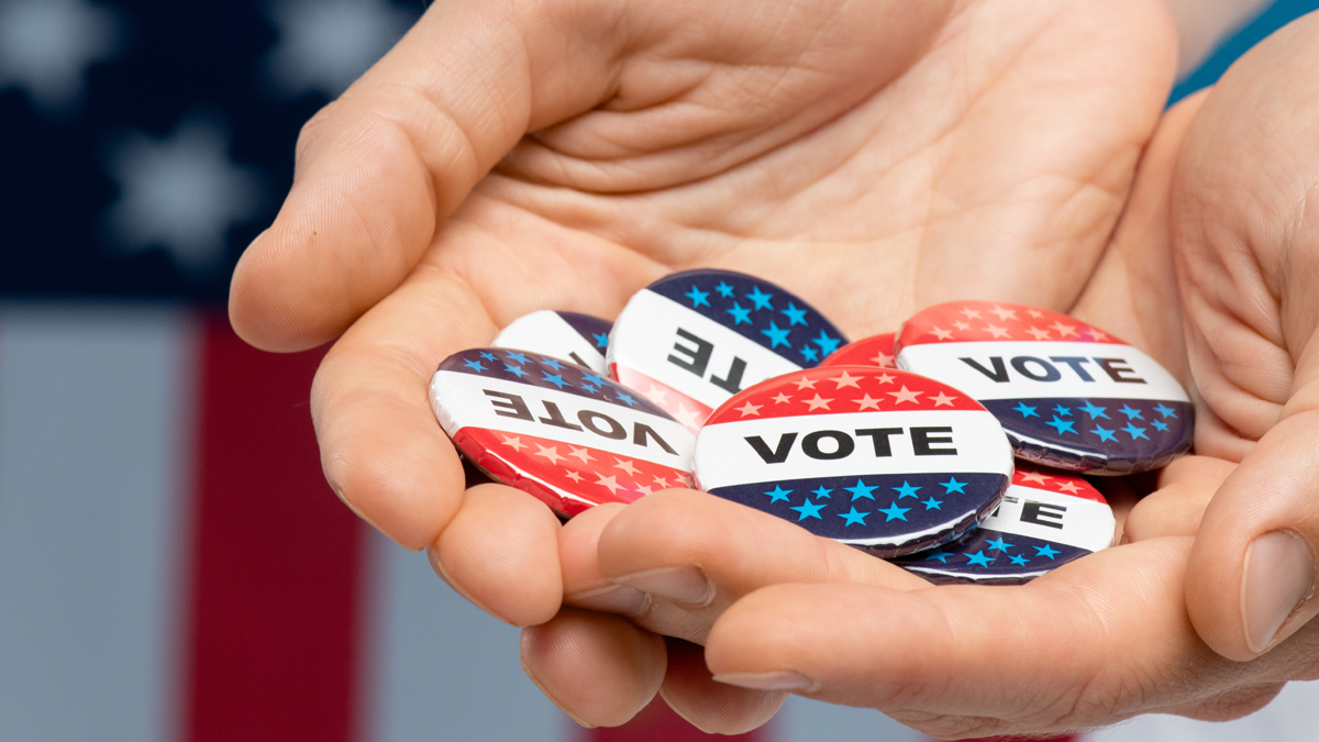 A picture of a hand holding "vote" buttons.