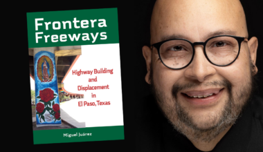 A picture of author Miguel Juarez with the cover of his book: Frontera Freeways.