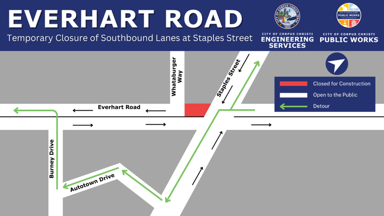 Map showing closure on Everhart Road.