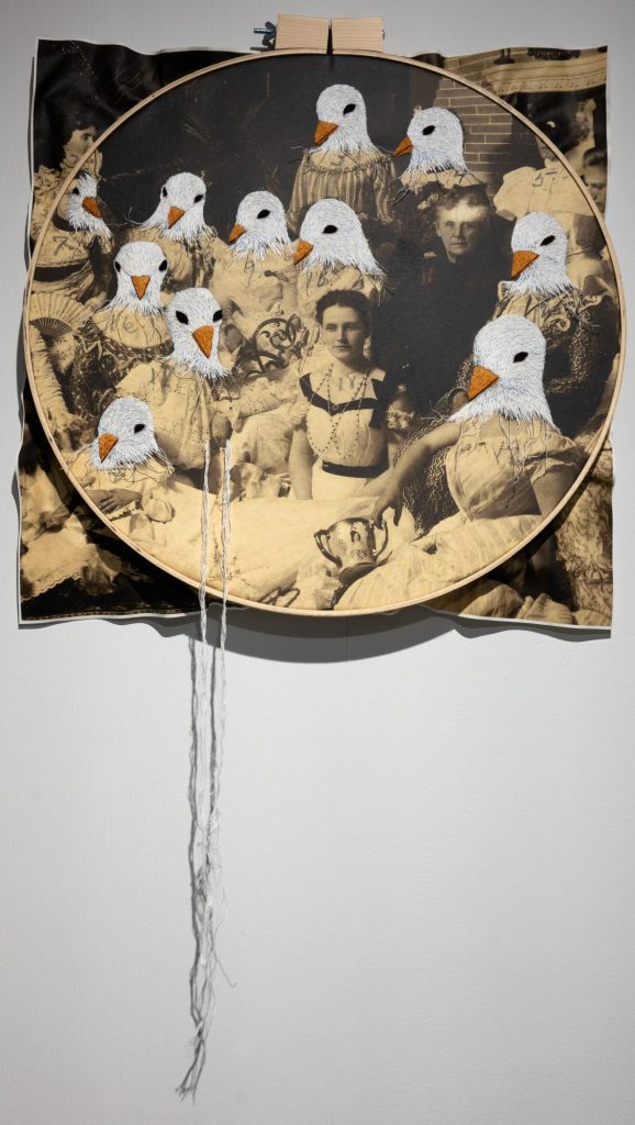 Han Cao's "Gaggle" features embroidered bird heads