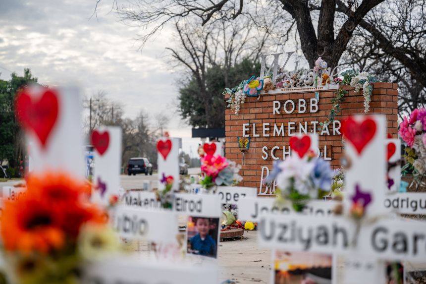 A memorial dedicated to the 19 children and two adults killed on May 24, 2022, during a mass shooting at Robb Elementary School is seen on Tuesday in Uvalde, Texas.