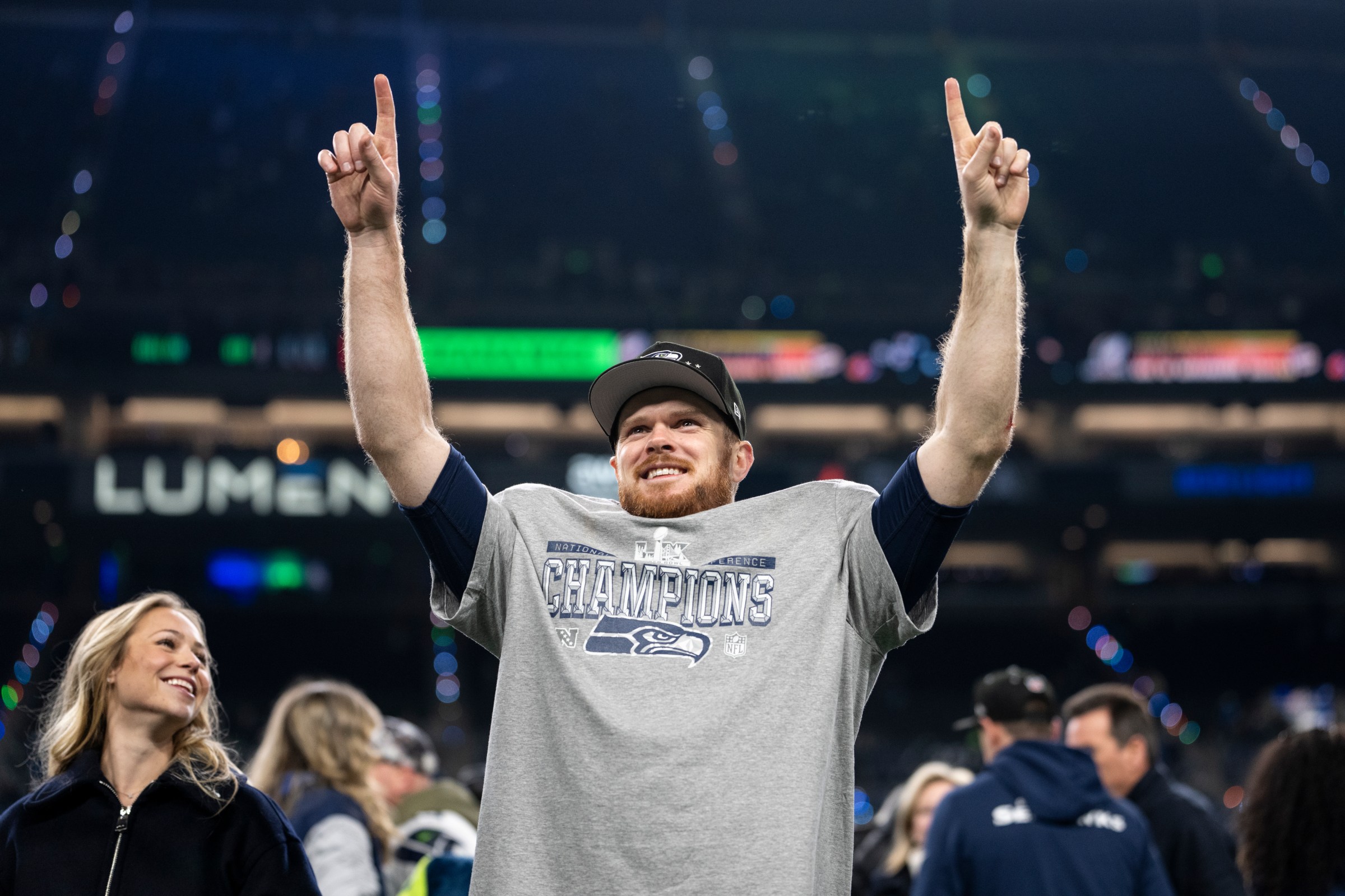 SEATTLE, WASHINGTON - JANUARY 25: Sam Darnold #14 of the Seattle Seahawks celebrates after defeating the Los Angeles Rams an NFC Championship NFL football game at Lumen Field on January 25, 2026 in Seattle, Washington. (Photo by Michael Owens/Getty Images)