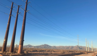 Transmission lines along Stan Roberts Sr. Avenue in El Paso, adjacent to the construction site of the Meta data center.