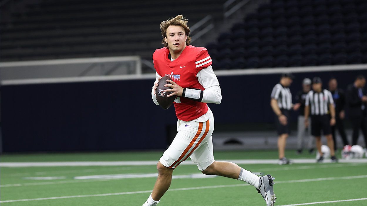 Cade Klubnik throws at a practice for the Shrine Bowl. (Courtesy East-West Shrine Bowl)