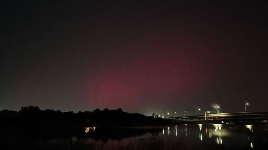 The Northern Lights glow red above Lakewood Village, Texas, on Nov. 15, 2025.