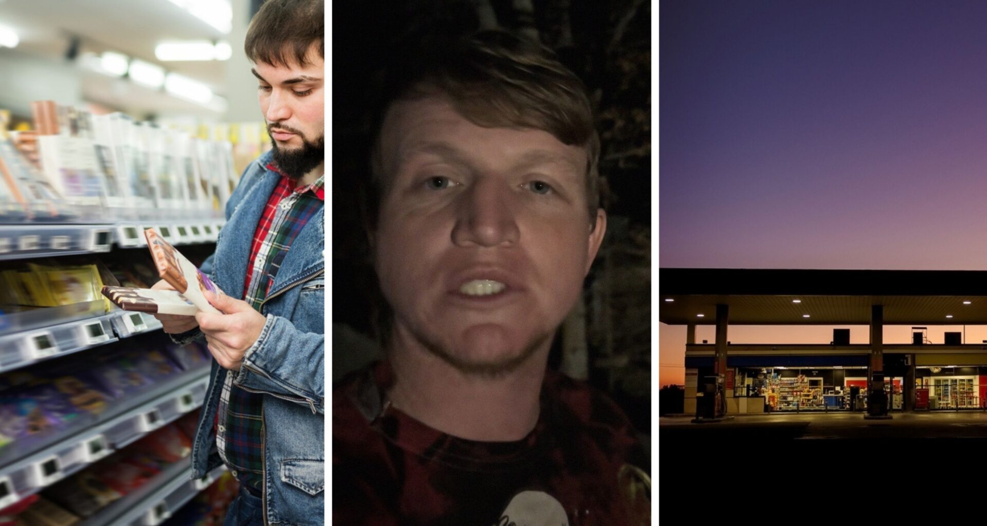 man buying a hersheys bar (l) man shares scary gas station experience (c) dark gas station (r)
