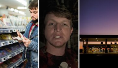 man buying a hersheys bar (l) man shares scary gas station experience (c) dark gas station (r)