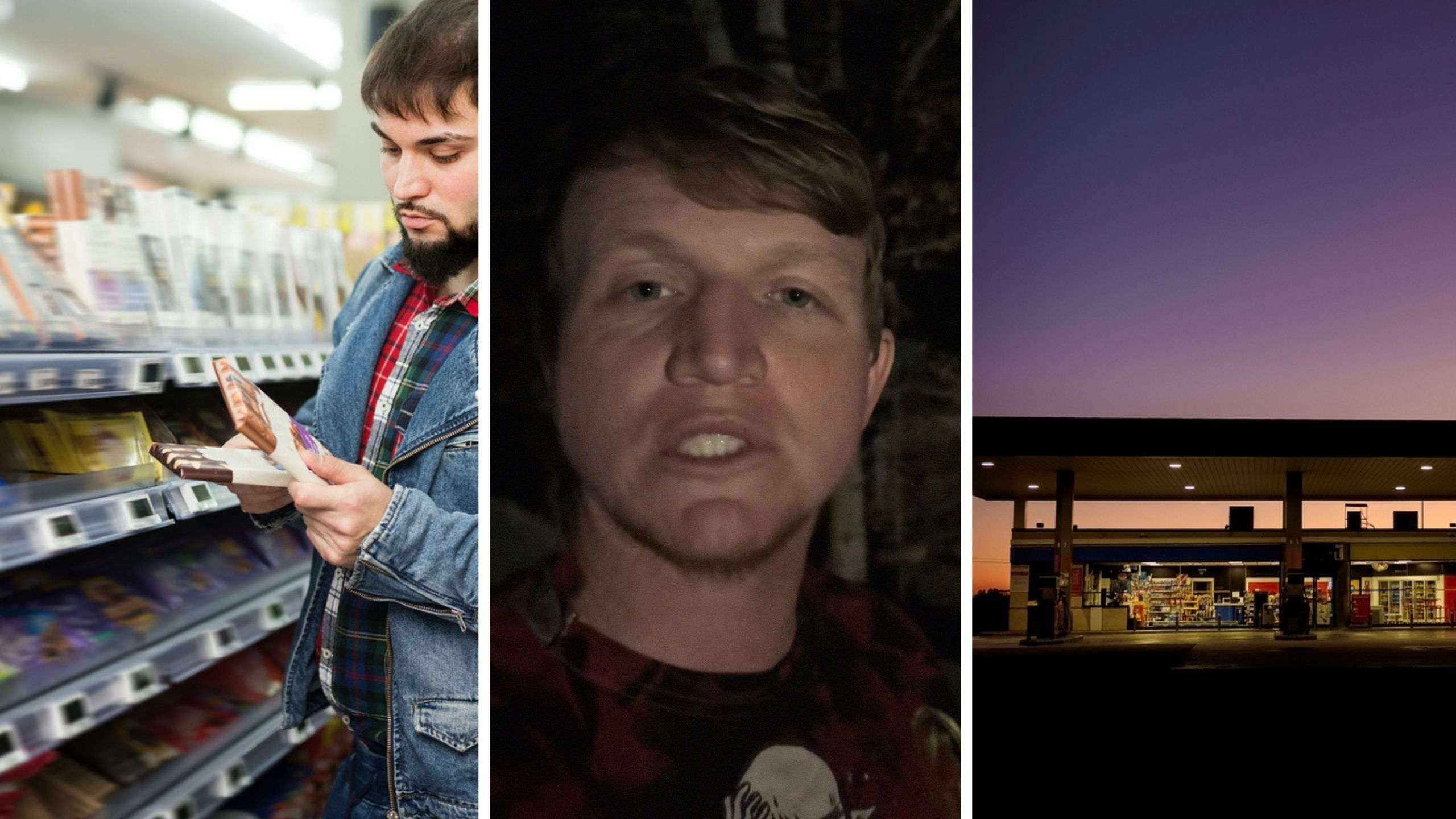 man buying a hersheys bar (l) man shares scary gas station experience (c) dark gas station (r)
