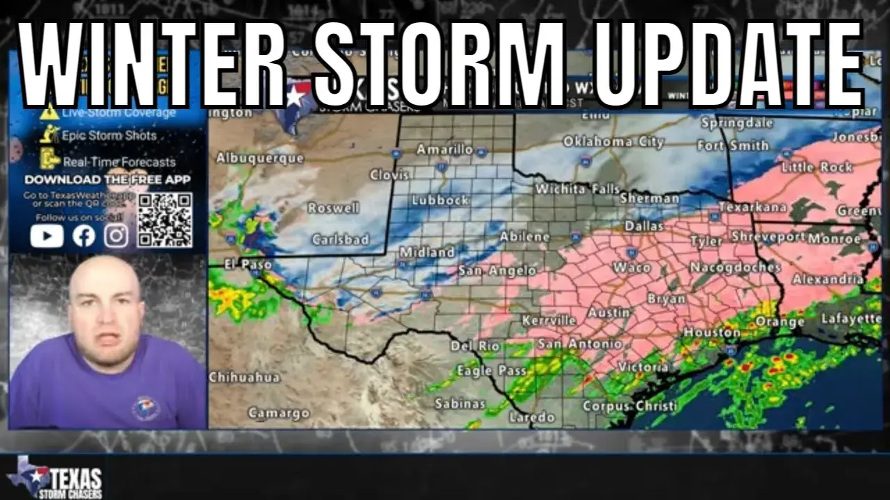 Texas Winter Storm Update video thumbnail showing David Reimer presenting a live weather map with winter precipitation across Texas, including a large pink freezing rain area over North and Central Texas, rain along the coast, and “WINTER STORM UPDATE” text across the top.