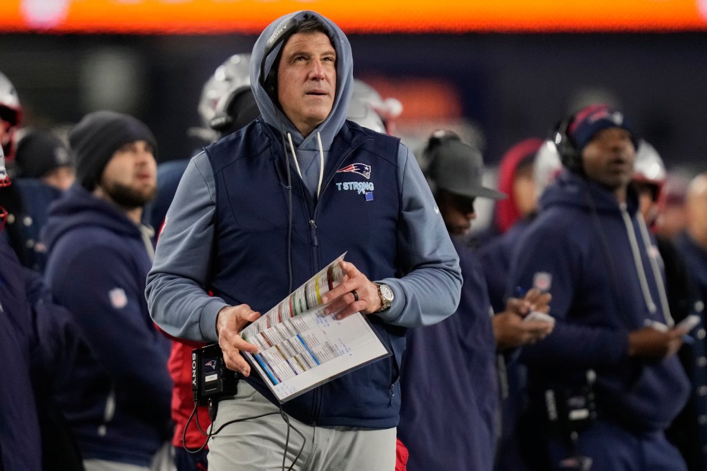 Mike Vrabel on the sidelines in the first half of an NFL wild-card playoff football game against the Los Angeles Chargers, in Foxborough, Mass., Sunday, Jan. 11, 2026. 