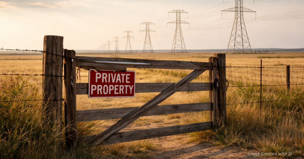 Private ranch gate in rural Colorado with distant transmission towers beyond the fence.