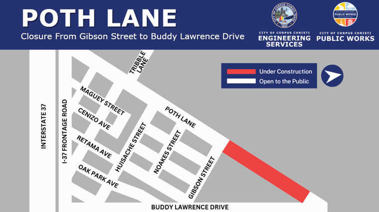 Map showing a road closure on Poth Lane from Gibson Street to Buddy Lawrence Drive
