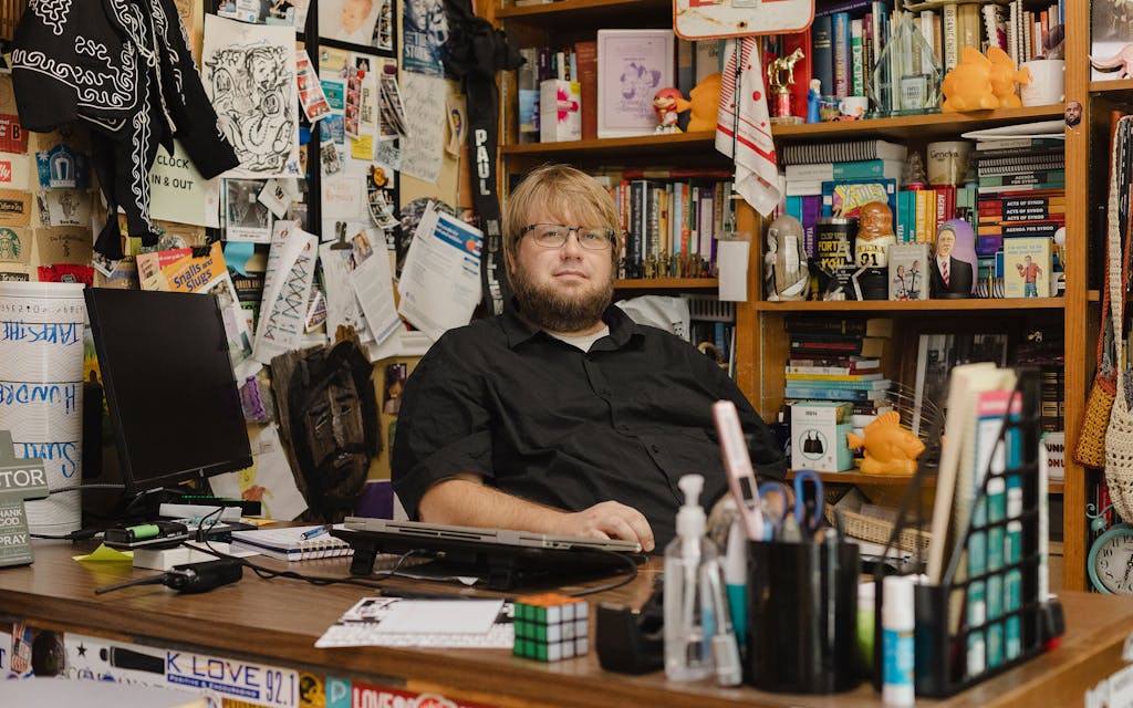 Pastor Mark Hilbelink in his office at Sunrise Church on September 4, 2025.