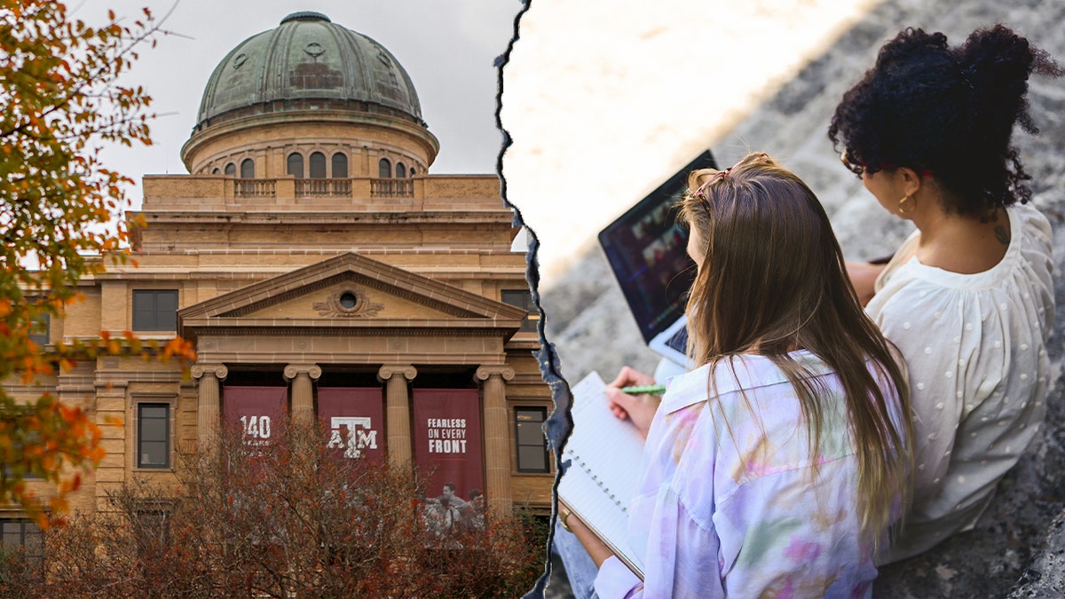 Texas A&M campus shown in a split image with two people studying