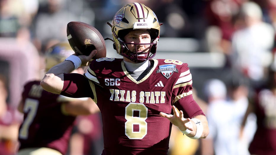 Brad Jackson #8 of the Texas State Bobcats throws a pass against the Rice Owls during the first half during the 2026 Lockheed Martin Armed Forces Bowl at Amon G. Carter Stadium on January 02, 2026 in Fort Worth, Texas.