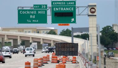 A construction sign warns drivers on I-30 of a road closure in Dallas, Tuesday, May 31, 2016. (AP Photo/LM Otero)