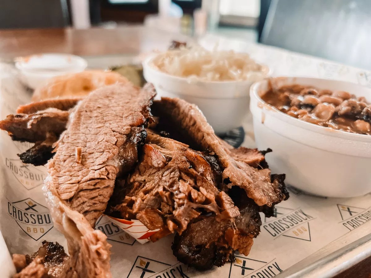 Lean smoked brisket at Crossbuck BBQ.
