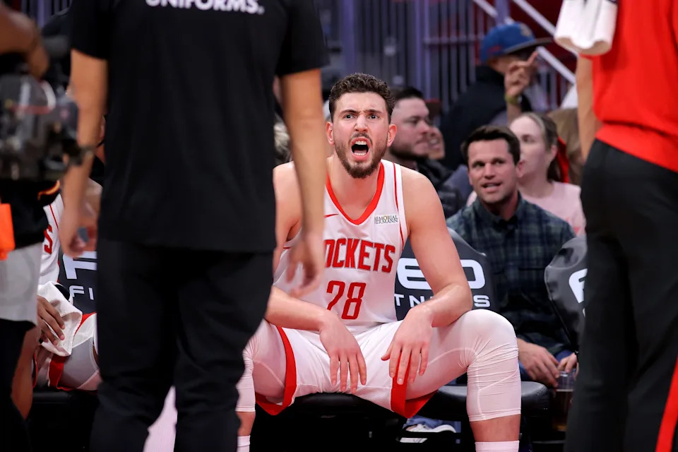 Feb 5, 2026; Houston, Texas, USA; Houston Rockets center Alperen Sengun (28) on the bench during a timeout against the Charlotte Hornets during the third quarter at Toyota Center. Mandatory Credit: Erik Williams-Imagn Images
