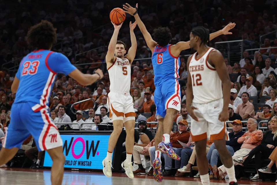 AUSTIN, TX – FEBRUARY 07: Forward Camden Heide #5 of the Texas Longhorns takes a three point shot over guard Ilias Kamardine #6 of the Ole Miss Rebels during the SEC college basketball game between Texas Longhorns and Ole Miss Rebels on February 7, 2026, at Moody Center in Austin, TX. (Photo by David Buono/Icon Sportswire via Getty Images)