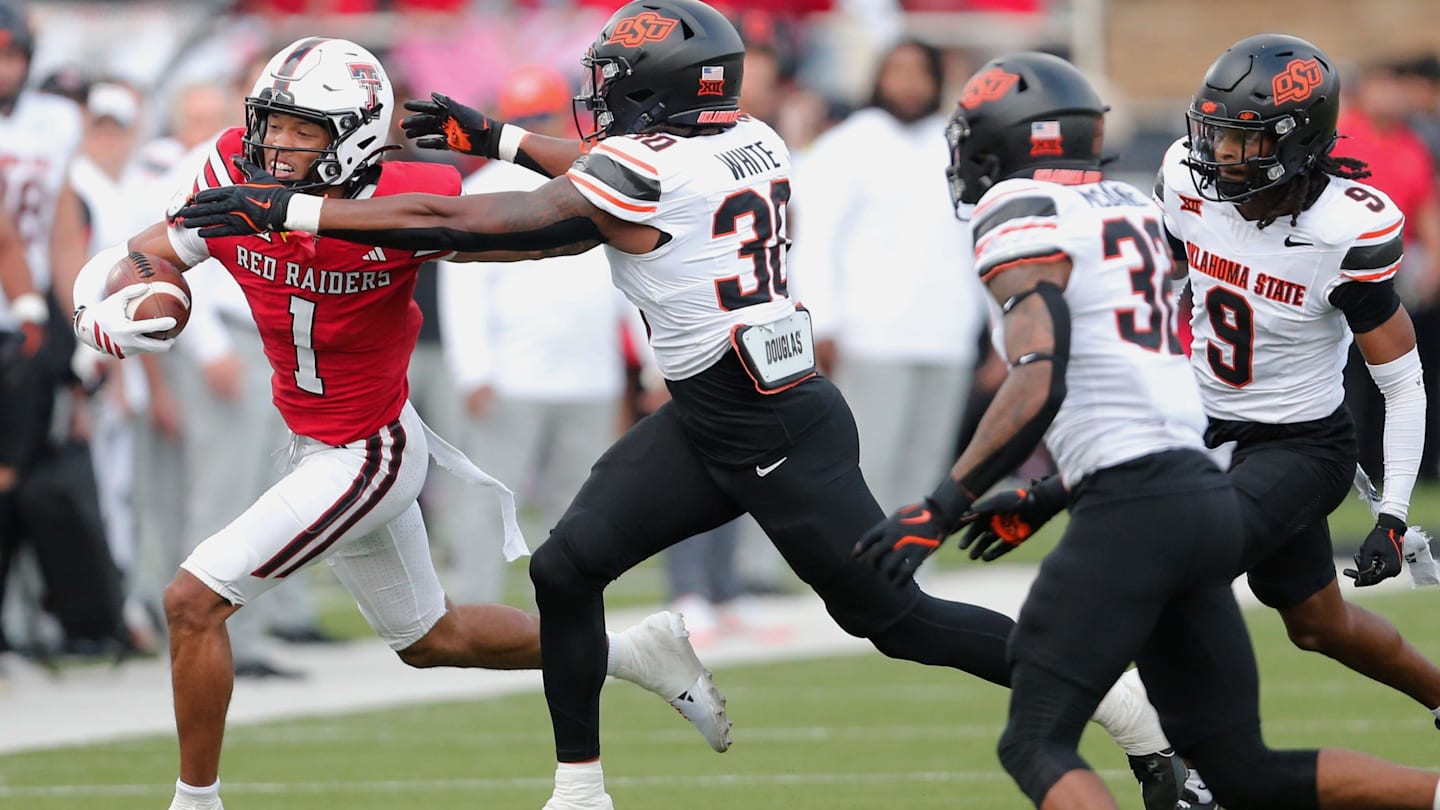 Texas Tech's Reggie Virgil runs after a catch against Oklahoma State in a Big 12 football game Saturday, Oct. 25, 2025, at Jones AT&T Stadium.