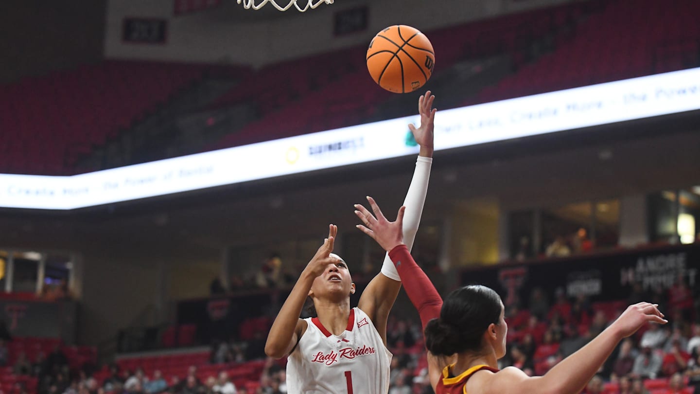 Texas Tech's Jalynn Bristow shoots against Iowa State in a Big 12 women's basketball game Wednesday, Jan. 28, 2026, at United Supermarkets Arena.