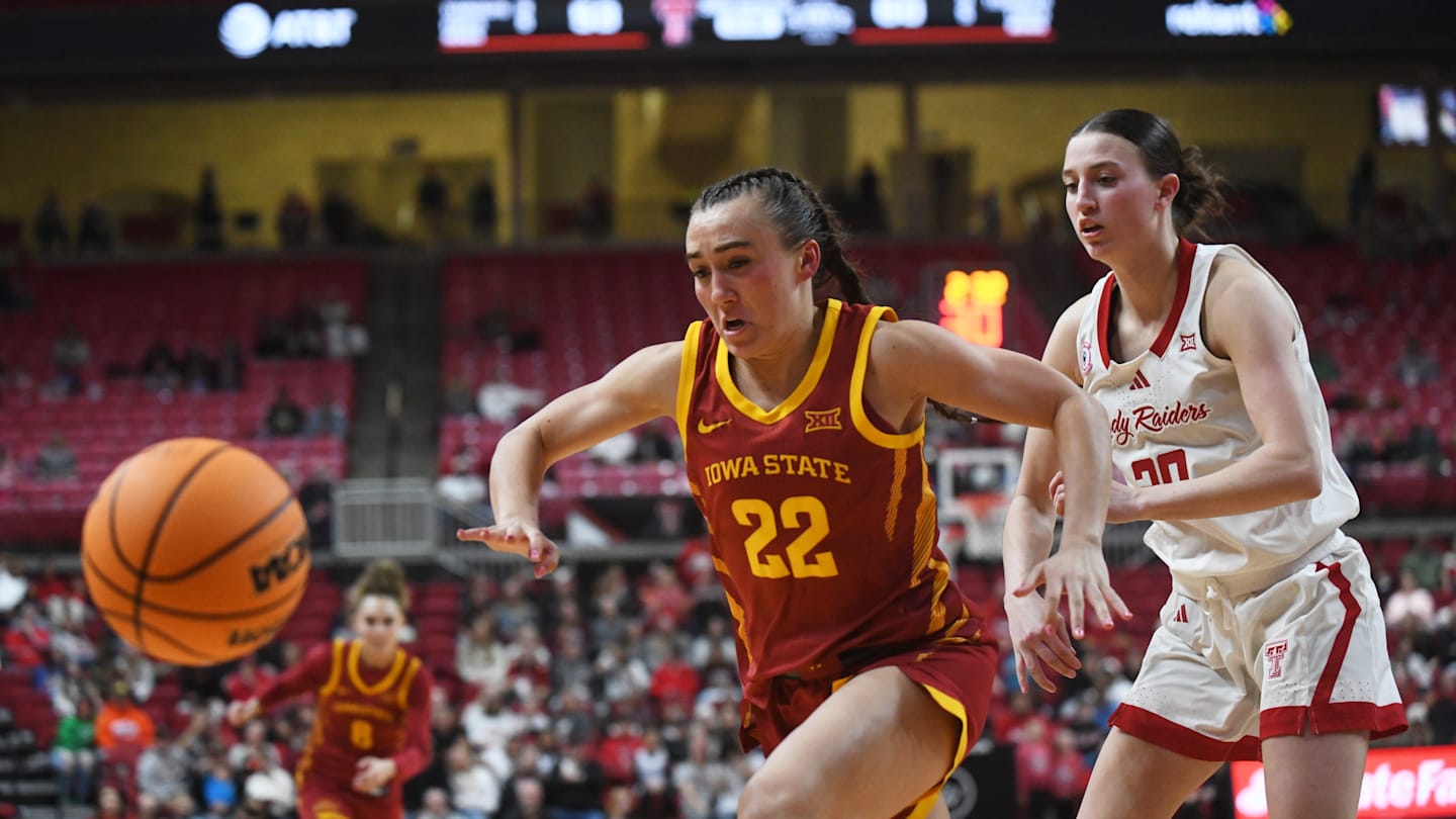 Iowa State's Reagan Wilson (22) chases a loose ball against Texas Tech in a Big 12 women's basketball game Wednesday, Jan. 28, 2026, at United Supermarkets Arena.