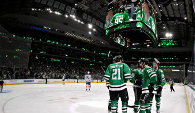 Jan 23, 2026; Dallas, Texas, USA; Dallas Stars left wing Jason Robertson (21) and center Matt Duchene (95) and defenseman Thomas Harley (55) and center Wyatt Johnston (53) celebrates a power play goal scored by Duchene against the St. Louis Blues during the second period at the American Airlines Center. Mandatory Credit: Jerome Miron-Imagn Images