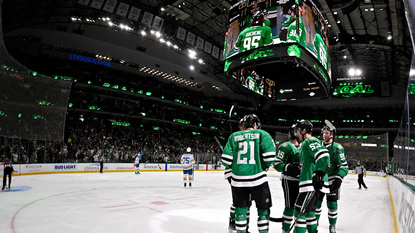 Jan 23, 2026; Dallas, Texas, USA; Dallas Stars left wing Jason Robertson (21) and center Matt Duchene (95) and defenseman Thomas Harley (55) and center Wyatt Johnston (53) celebrates a power play goal scored by Duchene against the St. Louis Blues during the second period at the American Airlines Center. Mandatory Credit: Jerome Miron-Imagn Images