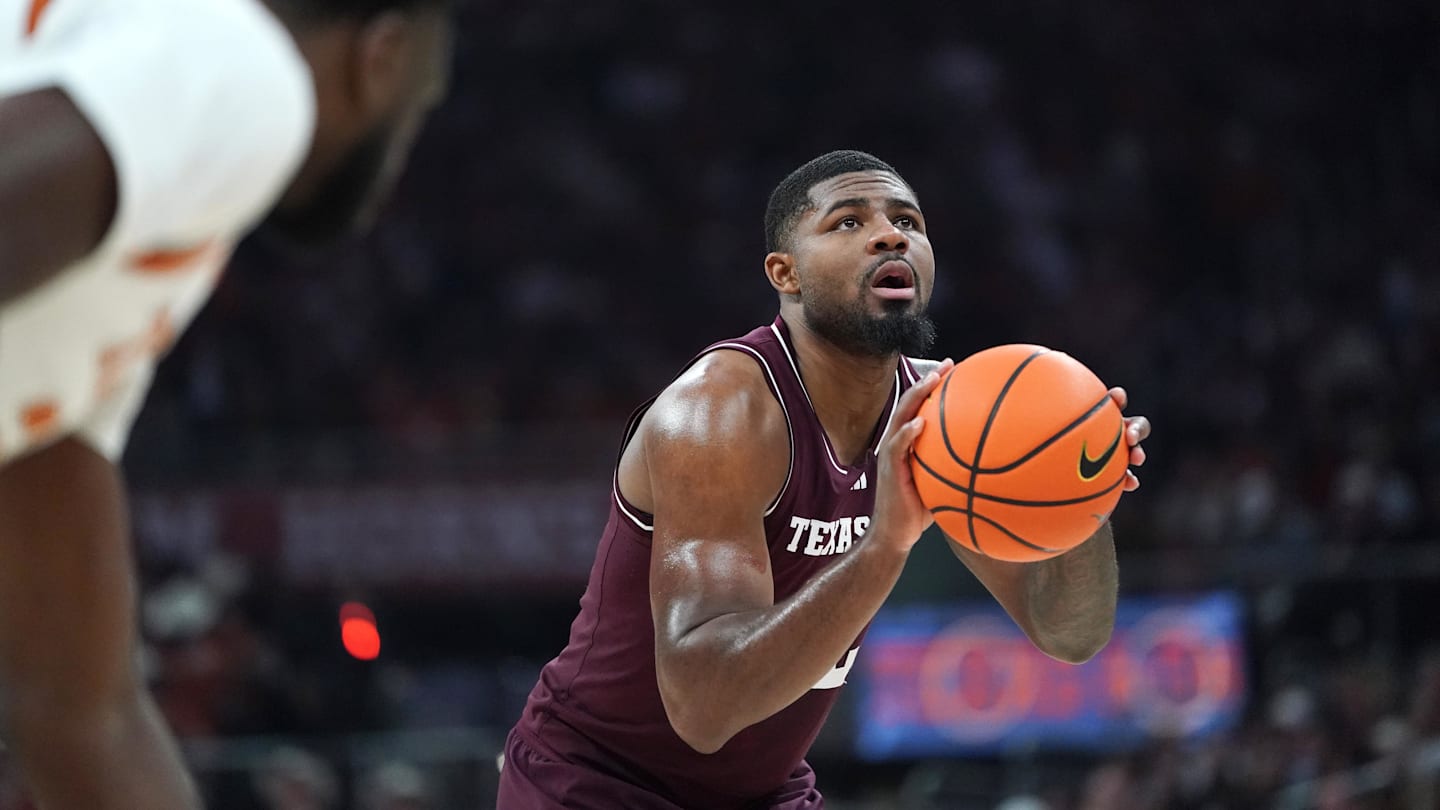 Jan 17, 2026; Austin, Texas, USA; Texas A&M Aggies forward Rashaun Agee (12) prepares to shoot a free throw during the first half against the Texas Longhorns at Moody Center. Mandatory Credit: Dustin Safranek-Imagn Images