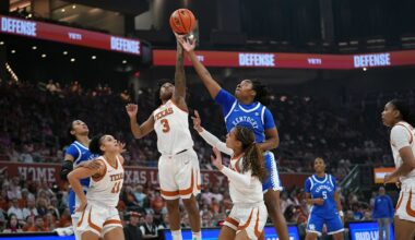 Feb 9, 2026; Austin, Texas, USA; Texas Longhorns guard Rori Harmon (3) rebounds against Kentucky Wildcats guard Jordan Obi (0) during the first quarter at Moody Center. Mandatory Credit: Dustin Safranek-Imagn Images