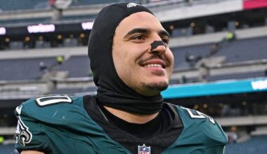 Dec 14, 2025; Philadelphia, Pennsylvania, USA; Philadelphia Eagles linebacker Jaelan Phillips (50) walks off the field after win against the Las Vegas Raiders at Lincoln Financial Field. Mandatory Credit: Eric Hartline-Imagn Images