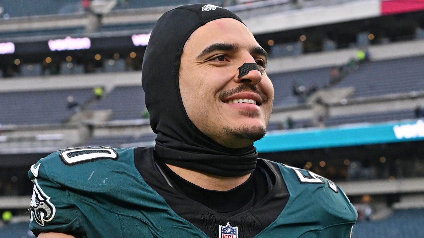 Dec 14, 2025; Philadelphia, Pennsylvania, USA; Philadelphia Eagles linebacker Jaelan Phillips (50) walks off the field after win against the Las Vegas Raiders at Lincoln Financial Field. Mandatory Credit: Eric Hartline-Imagn Images