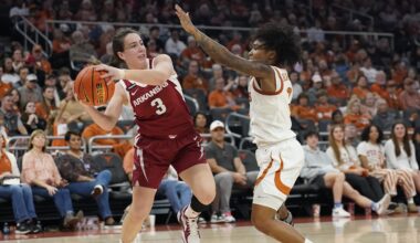 Jan 5, 2025; Austin, Texas, USA; Arkansas Razorbacks guard Izzy Higginbottom (3) looks to pass the ball while defended by Texas Longhorns guard Izzy Higginbottom (3) during the second half at Moody Center. Mandatory Credit: Scott Wachter-Imagn Images
