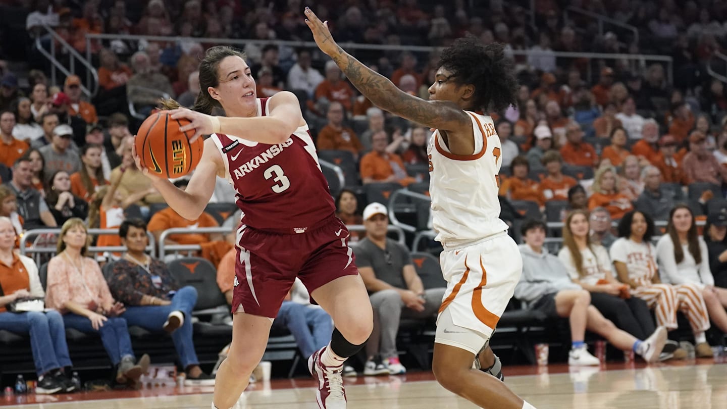 Jan 5, 2025; Austin, Texas, USA; Arkansas Razorbacks guard Izzy Higginbottom (3) looks to pass the ball while defended by Texas Longhorns guard Izzy Higginbottom (3) during the second half at Moody Center. Mandatory Credit: Scott Wachter-Imagn Images
