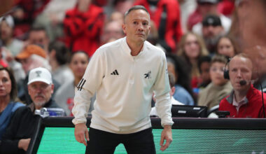 Feb 11, 2026; Lubbock, Texas, USA;  Texas Tech Red Raiders head coach Grant McCasland waits for a call in the second half of the game against the Colorado Buffaloes at United Supermarkets Arena. Mandatory Credit: Michael C. Johnson-Imagn Images