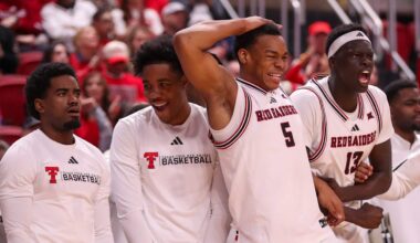 Texas Tech players, from left, Jazz Henderson, Leon Horner, Josiah Moseley and Marial Akuentok react to a dunk against Kansas State during a Big 12 Conference men's basketball game, Saturday, Feb. 21, 2026, in United Supermarkets Arena.